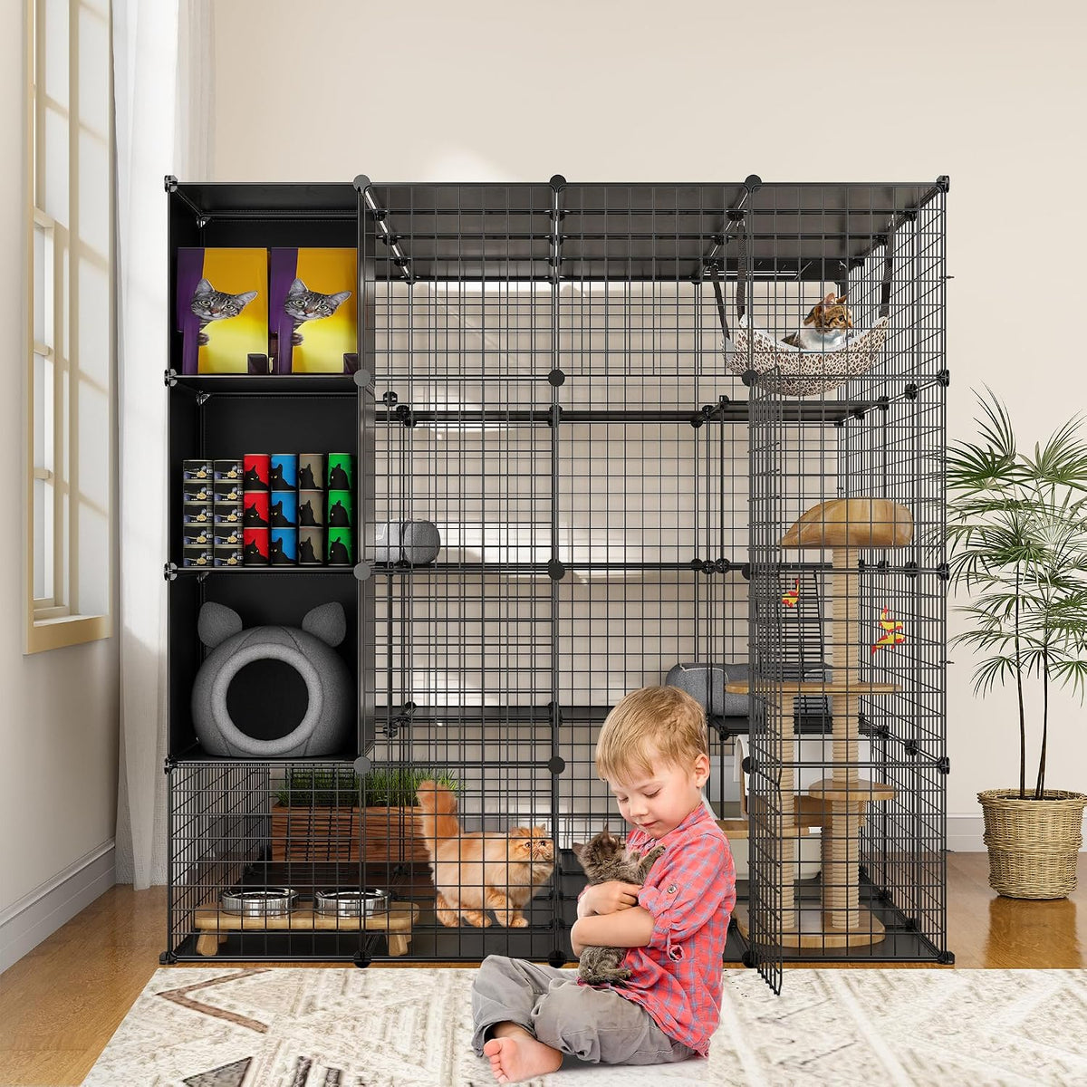 YITAHOME Large 4-Tier Cat Cage with Storage Cube, 140 x 140 x 140 cm DIY Indoor Animal Enclosure/Catio, Metal Cat Playpen with Extra Large Hammock, Suitable for 1-4 Rabbits, Ferrets, Chinchillas MegaBDM