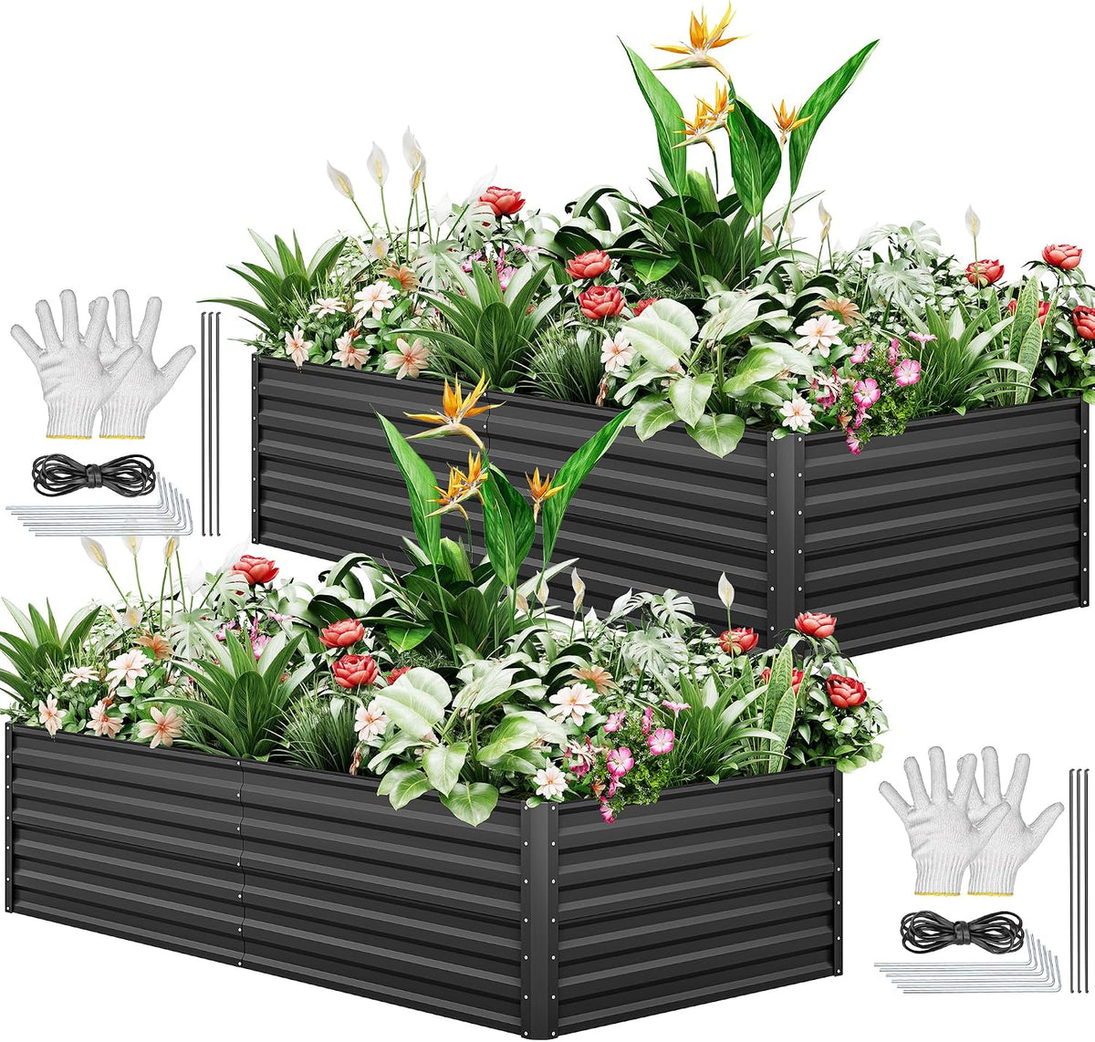 YITAHOME 2Pcs Outdoor Raised Garden Bed Kit 240x120x58cm, Raised Beds Thickened Zinc-Aluminum-Magnesium Metal Raised Beds for Garden with Support Rod & Gloves for Vegetables Flowers Fruits (Black) MegaBDM