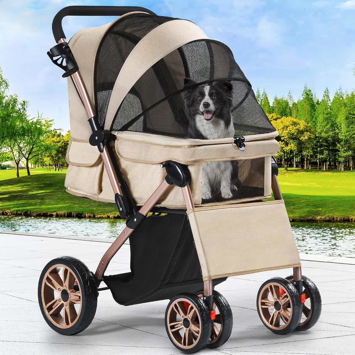 YITAHOME Pet Buggy with Reversible Handle, Foldable Dog Stroller for Small Dogs, Mesh Windows, Cup Holder, 360° Rotating EVA Wheels with Brakes (Khaki) MegaBDM