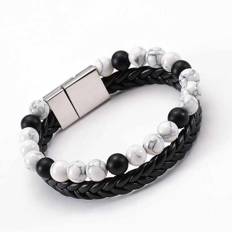 Oil Leather Beads Magnetic Buckle Double Bracelet - White Turquoise Ground Sand Stone MegaBDM