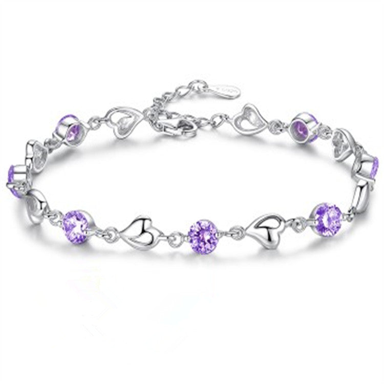 Women's Sier-plated Mori Artistic Blue Crystal Heart-shaped Rhinestone Zircon Bracelet - Purple Diamond MegaBDM