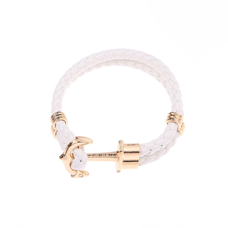 Men's Creative Fashion Boat Anchor Leather Cord Couple Bracelets - White Gold Plated Buckle MegaBDM
