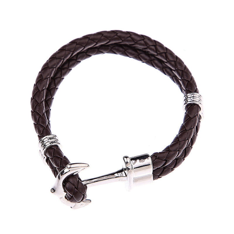Men's Creative Fashion Boat Anchor Leather Cord Couple Bracelets - Dark Brown White K Buckle MegaBDM