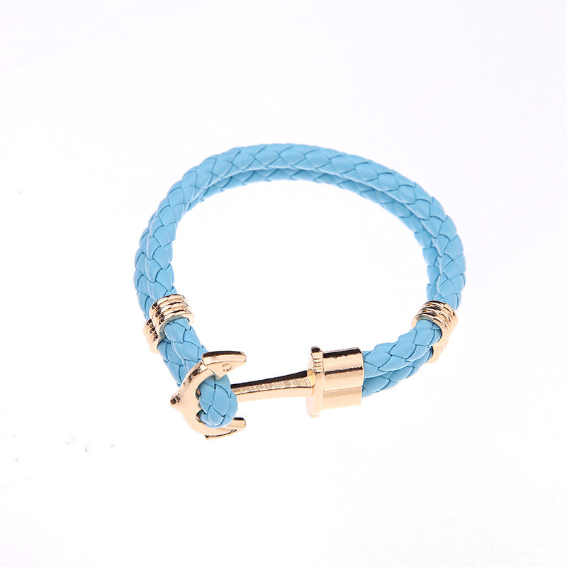 Men's Creative Fashion Boat Anchor Leather Cord Couple Bracelets - Lake Blue Gold Plated Buckle MegaBDM