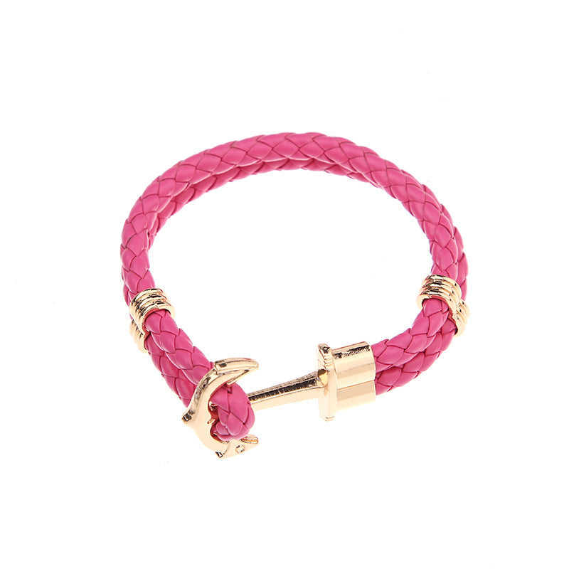 Men's Creative Fashion Boat Anchor Leather Cord Couple Bracelets - Rose Red Gold Plated Buckle MegaBDM