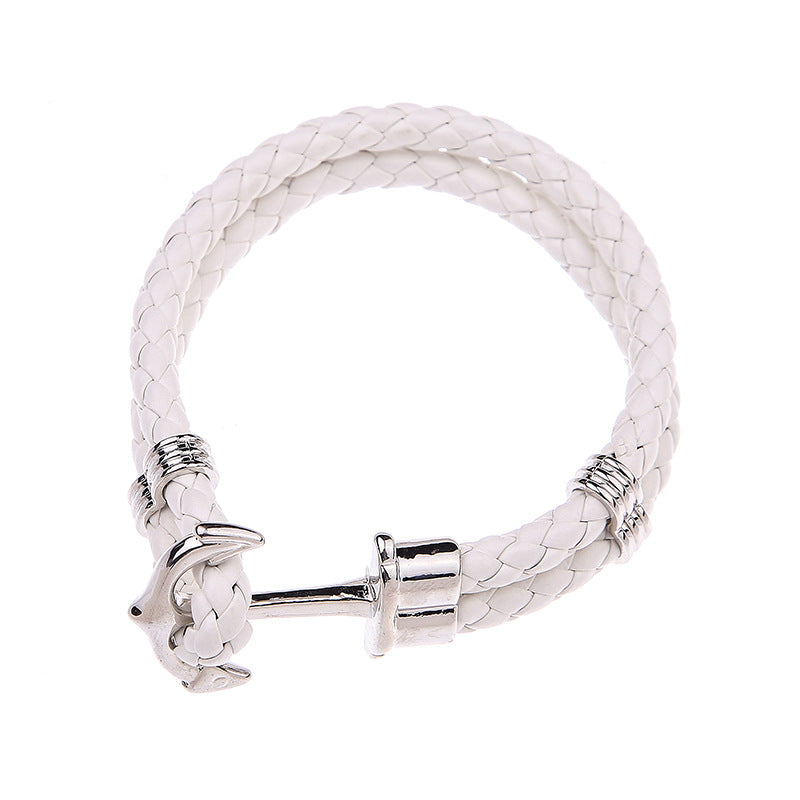 Men's Creative Fashion Boat Anchor Leather Cord Couple Bracelets - White White K Buckle MegaBDM