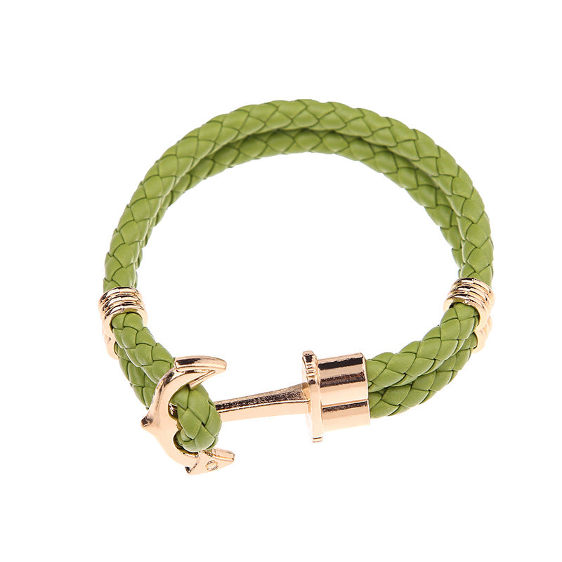 Men's Creative Fashion Boat Anchor Leather Cord Couple Bracelets - Green Gold Plated Buckle MegaBDM