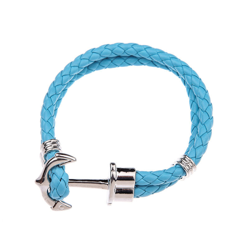 Men's Creative Fashion Boat Anchor Leather Cord Couple Bracelets - Lake Blue and White K Buckle MegaBDM