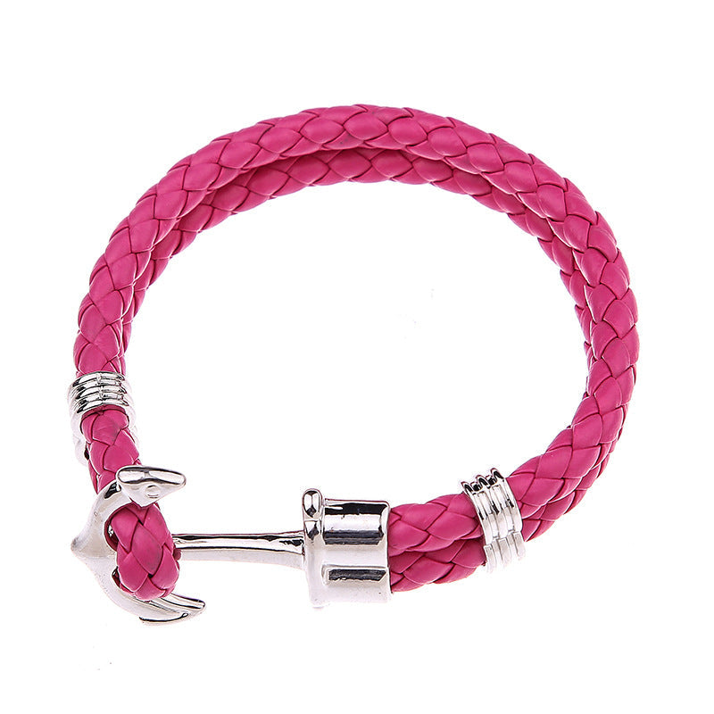 Men's Creative Fashion Boat Anchor Leather Cord Couple Bracelets - Rose Red White K Buckle MegaBDM