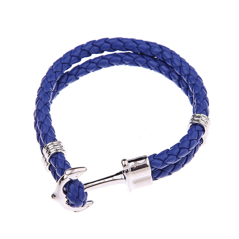 Men's Creative Fashion Boat Anchor Leather Cord Couple Bracelets - Blue White K Buckle MegaBDM
