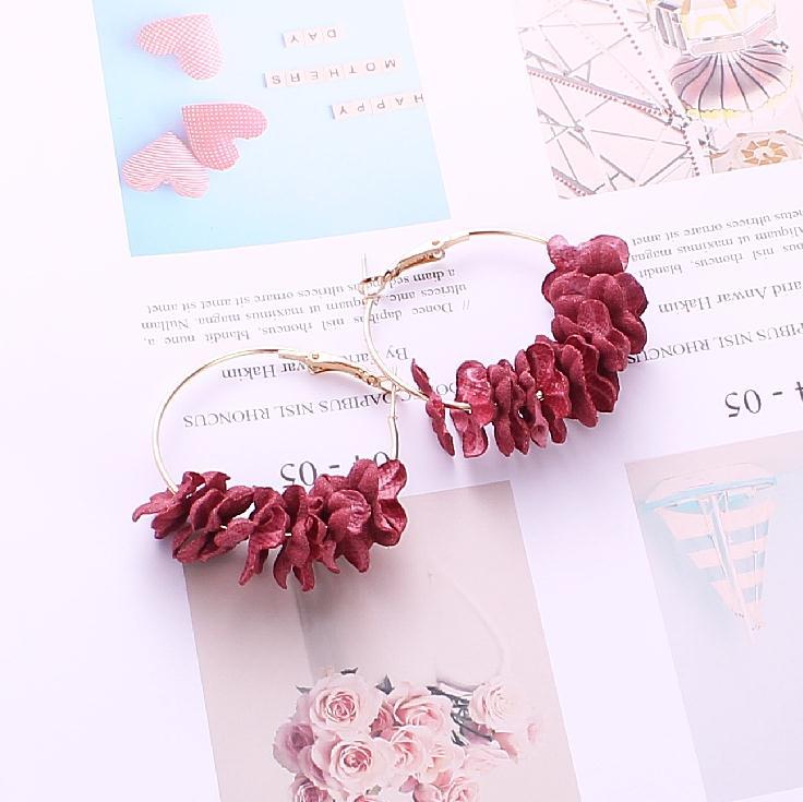 Ear Korean Fashion Temperament Female Fabric Flower Rings - Wine Red MegaBDM