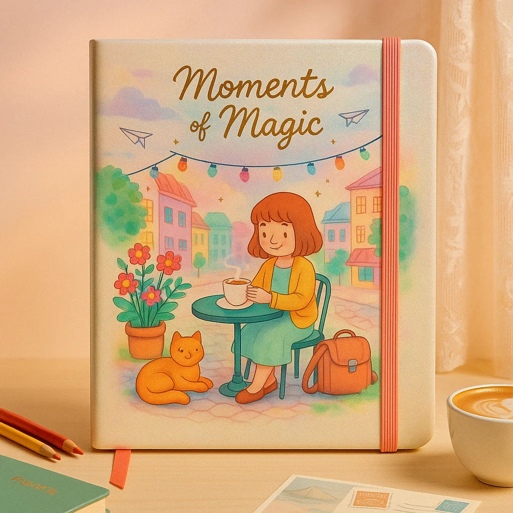 LABON Warm Healing Notebook Girl Drinking Coffee Illustration Cozy Everyday Life Journal with Moments of Magic Quote