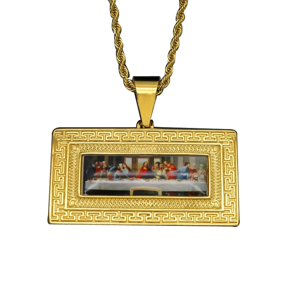 Custom Personalized Gold Pendant Last Supper Stainless Steel Gold square Picture Necklace