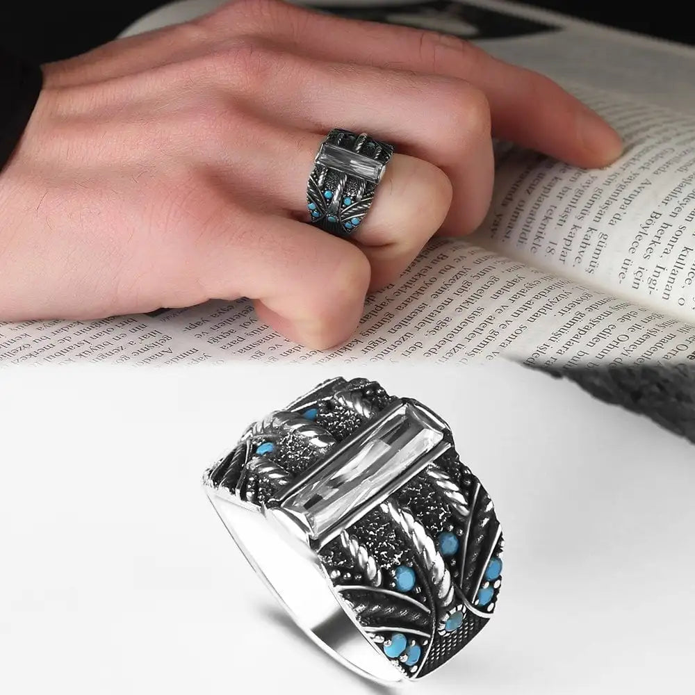 Azuris Turkish 925 Sterling Silver Men's Ring Ottoman Style Jewelry with Natural Stone Black Made in Turkey VALKH1386