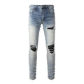 Mens Ripped Skinny Jeans Vintage Washed Denim Pants with Patches Wholesale