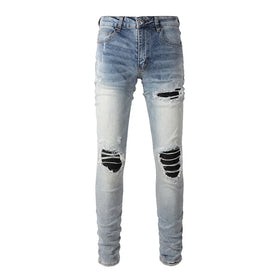 Mens Ripped Skinny Jeans Vintage Washed Denim Pants with Patches Wholesale