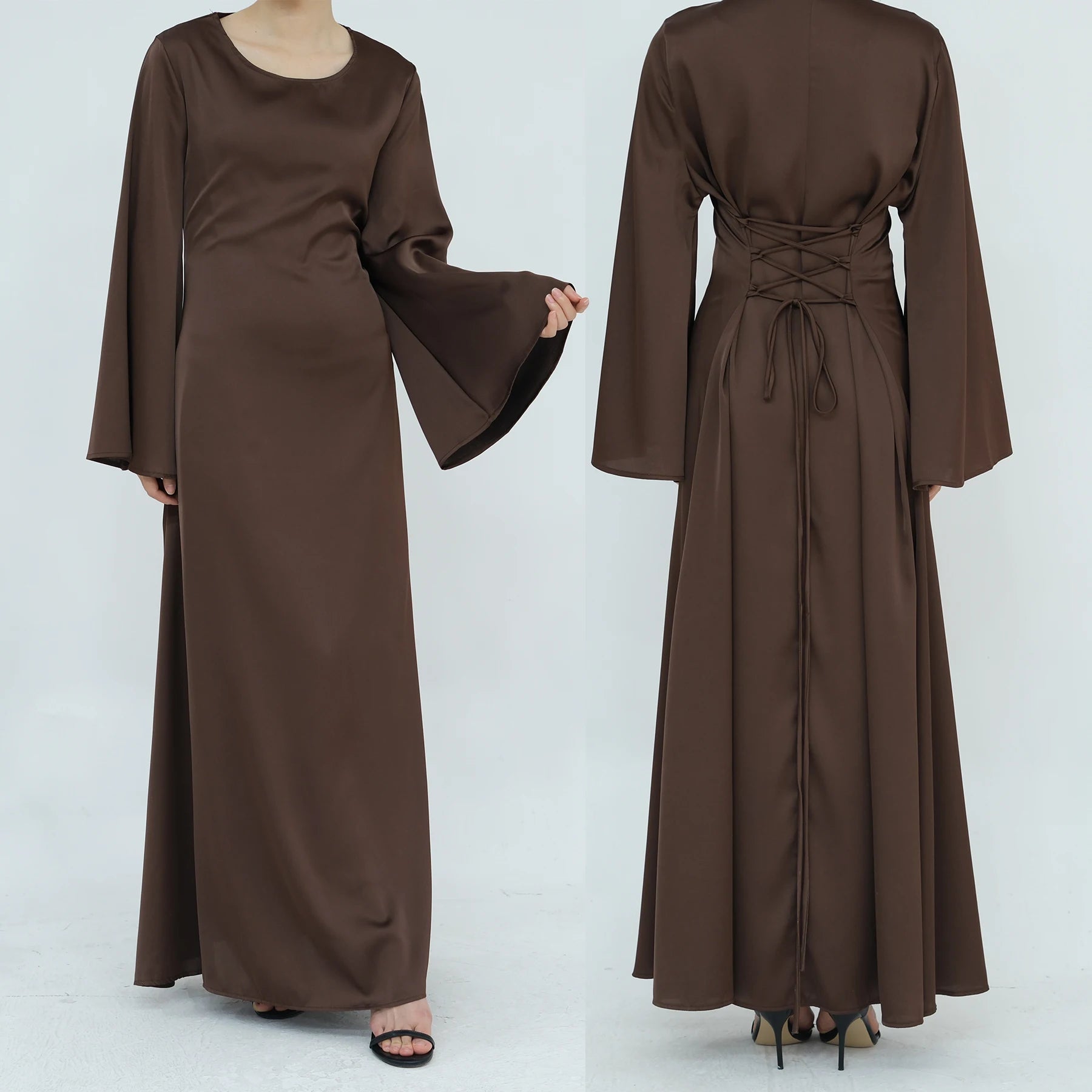 2024 Summer Muslim Long Dress String Adjustable Back Tie Satin Abaya Modest Dresses Elegant Islamic Abaya Women Muslim Dress