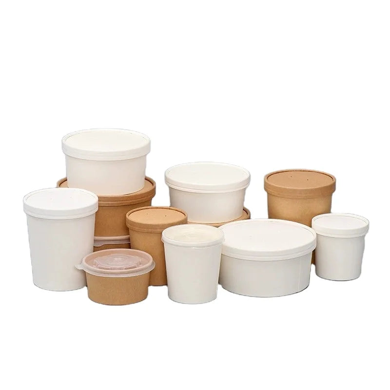 Eco-Friendly Disposable Kraft Paper Soup Bowl with Lid Cheap Take out Bucket Container
