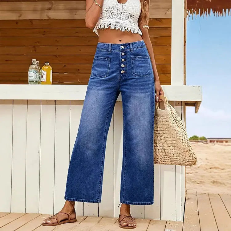New Women's Button Closure Stretch Loose Fit Denim Cropped Pants Casual All-Match Daily Wear Trousers Custom OEM/ODM