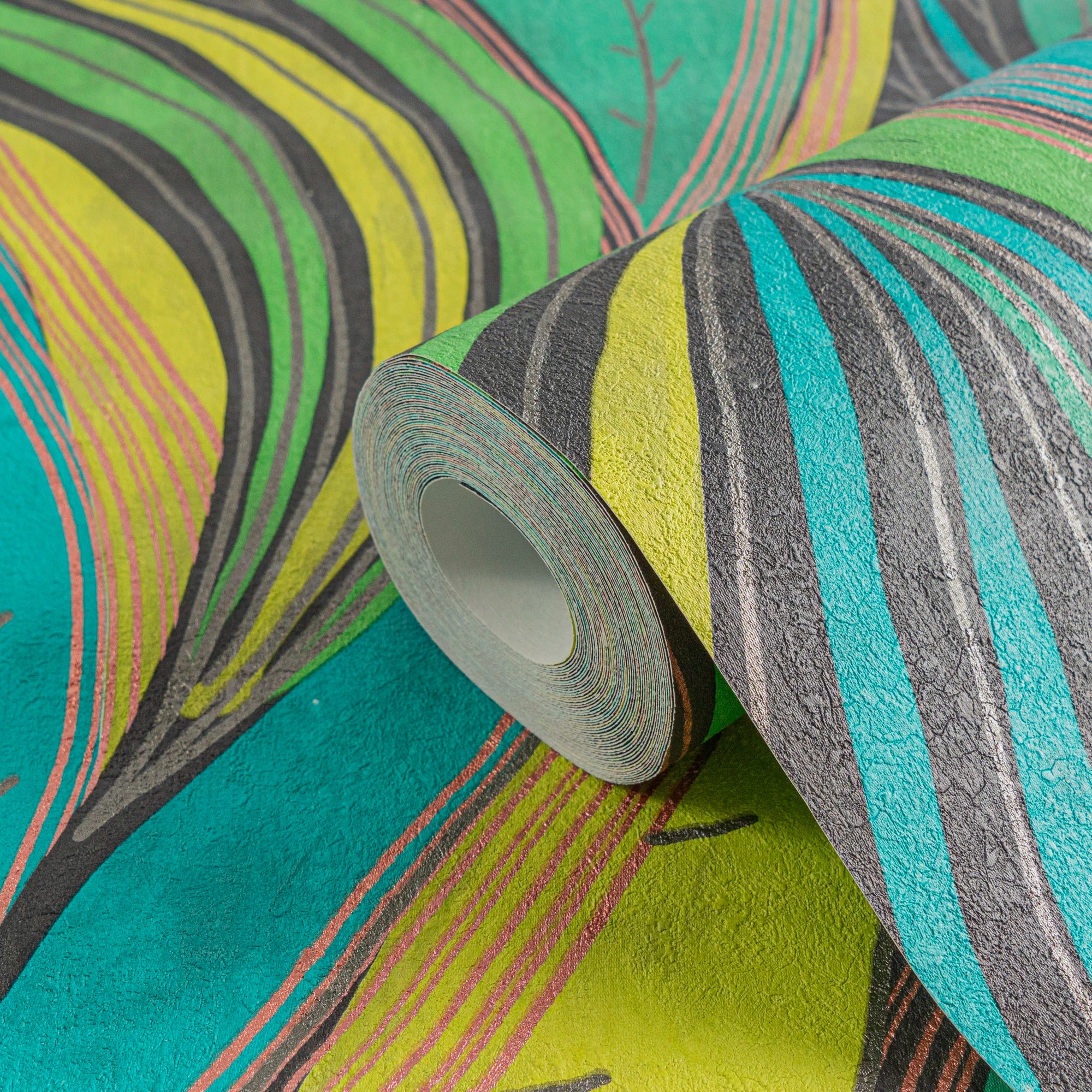 Germany Made Floral Green/Yellow/Turquoise Metallic Non Woven Vinyl Wallpaper Rolls 10.05x0.53m for Living Room Hotel Use