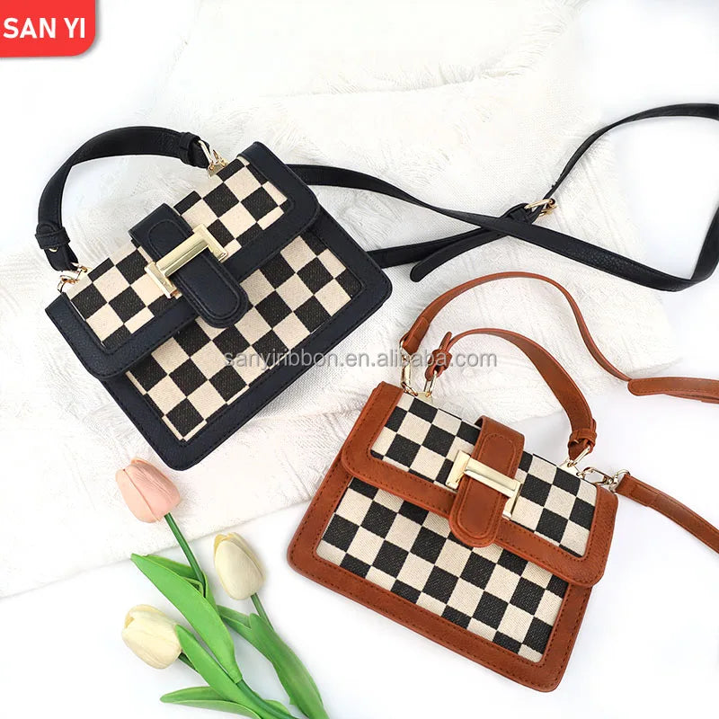 2025 Hot Sale Tote Bag Custom Vintage Plaid Mini Square Bag PU Leather Crossbody Shoulder Bag for Women Daily Use