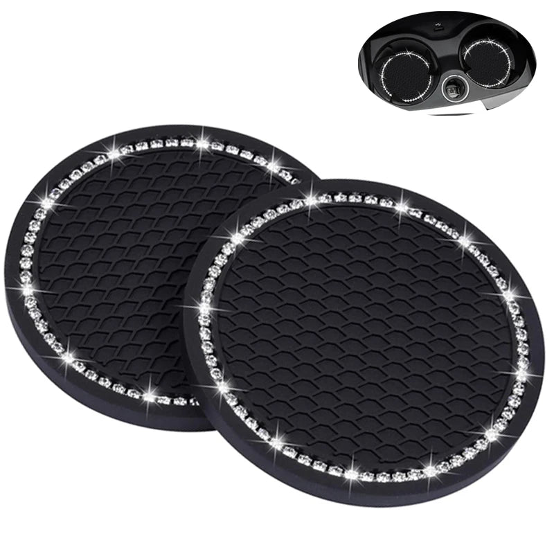 Custom Round Sparking Non-slip Car Internal Decoration Cup Mats Rhinestone Drinks Pads PVC Soft Bling Cup Mat Coasters