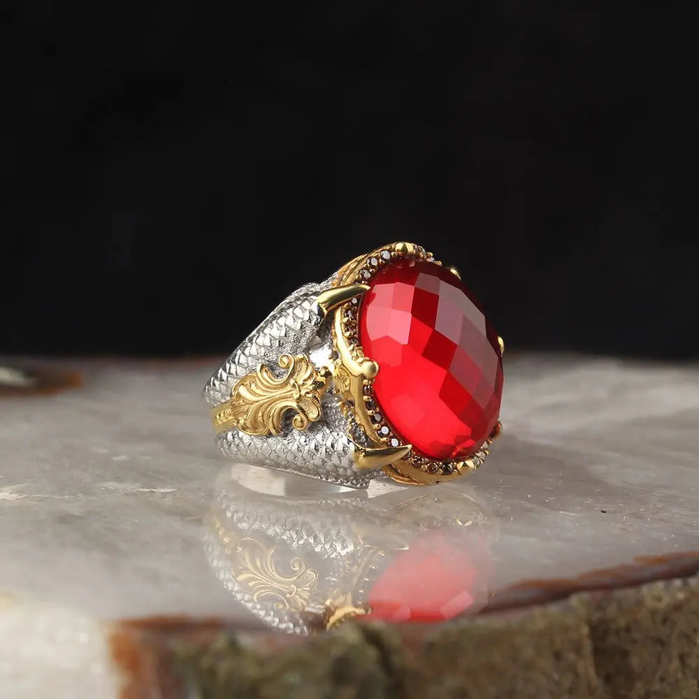 Custom Logo 925 Sterling Silver Ottoman Style Men's Ring with Rhodium Gold Bi-color Plating Made in Turkey Model RCEGYT-785