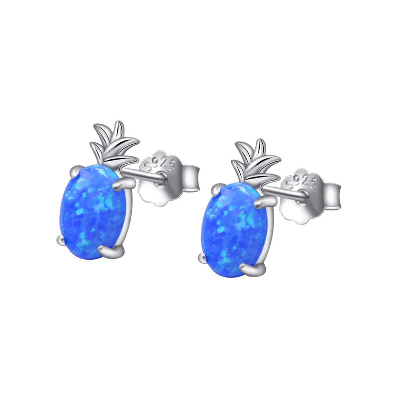 Low MOQ Jewelry Gemstone Crystal Blue Australian Opal Sterling Silver Stud Earrings Pineapple 925