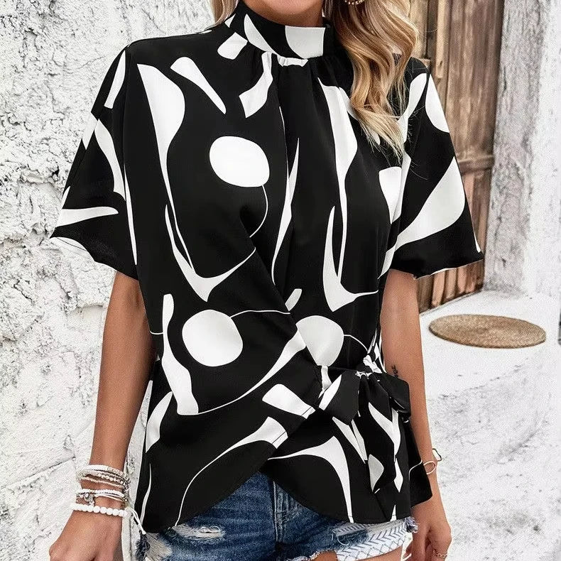 2025 Women's Collection for Spring/Summer-Casual Loose-Fit Printed Short-Sleeve Blouse Woven with Polyester Decoration
