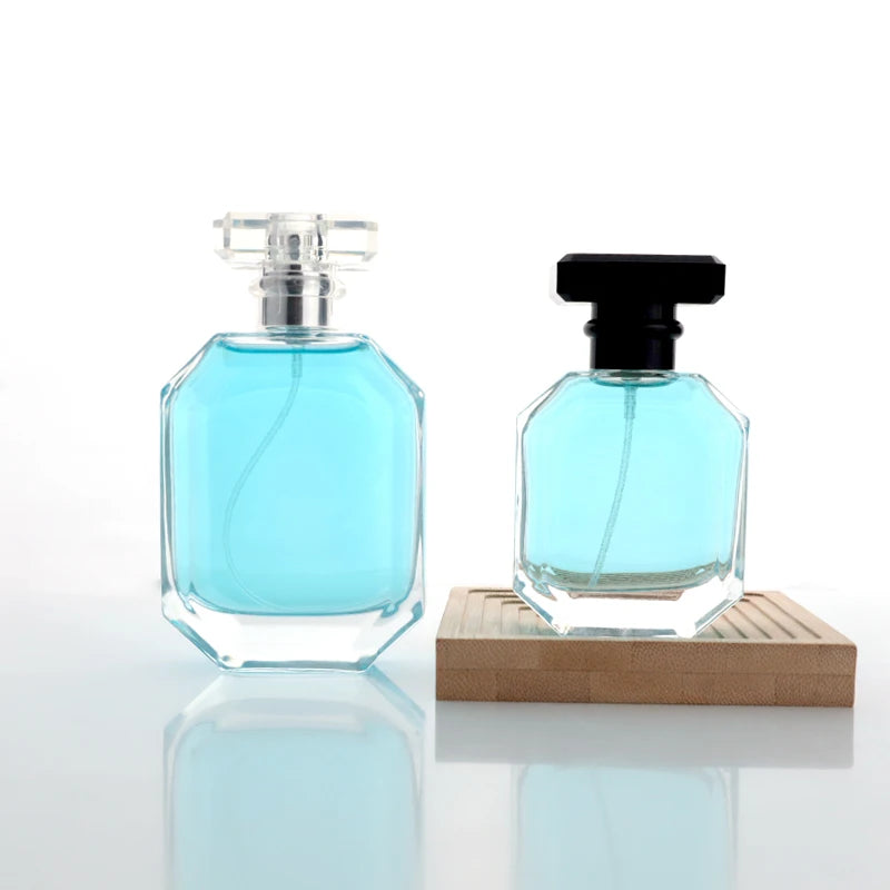 Custom Perfume Bottle and Box Luxury Flat Square Glass Perfume Bottle Clear 30 ml 50ml 100ml for Sprayer