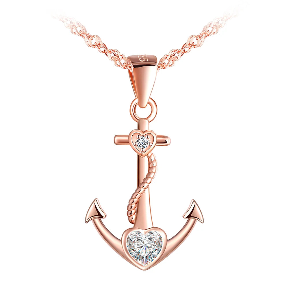 Rose Gold Anchor 925 Silver Necklace Pendant Zircon Diamond Setting Heart Style Combination