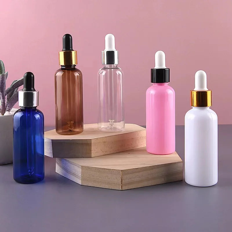 Luxury Anodized PET Amber Essential Oil Serum Plastic Dropper Bottle 50ml Stock Empty Bottles Lotion 30ml Plastic Packaging