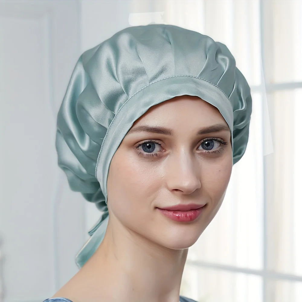 Wholesale 100% Mulberry Silk Woman Turban Sleeping Cap Custom Logo Adjustable Edge Wraps with Drawstring Handle Daily Use Adults