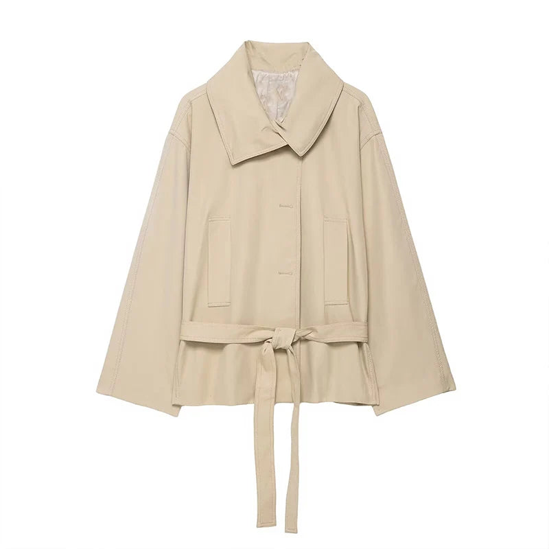ZATRHMBM Autumn Women's Clothing 2025 New Fashion Solid Color Lapel Jacket Retro Belt Long Sleeve Casual Female Jacket