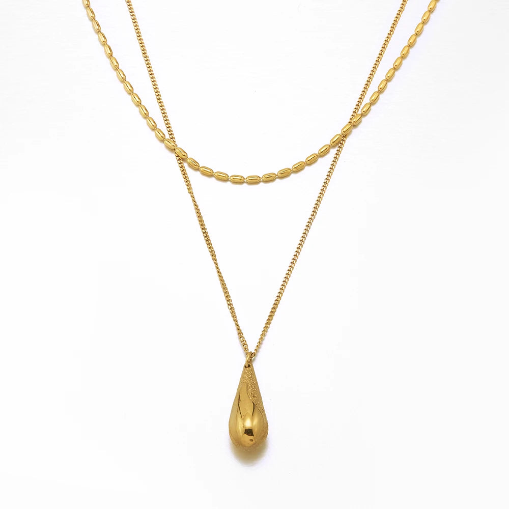 PVD 18K Gold Plated Stainless Steel Jewelry Vintage Double Layer Chain WaterDrop Pendent Necklace for Women Necklace P243482