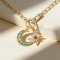 QIKU Light of Stars and Moon Palm Shape Gold Color Pendant Women Necklace Copper Zircon Jewelry Accessory Fashion Gift Wholesale