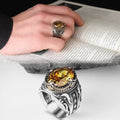 Turkish 925 Sterling Silver Men's Ottoman Style Ring with Natural Agate Stone Azuris Model VALKH1256