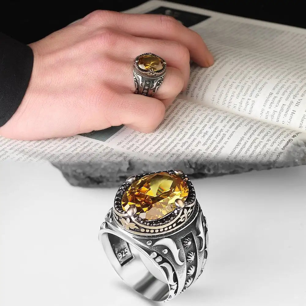 Turkish 925 Sterling Silver Men's Ottoman Style Ring with Natural Agate Stone Azuris Model VALKH1256