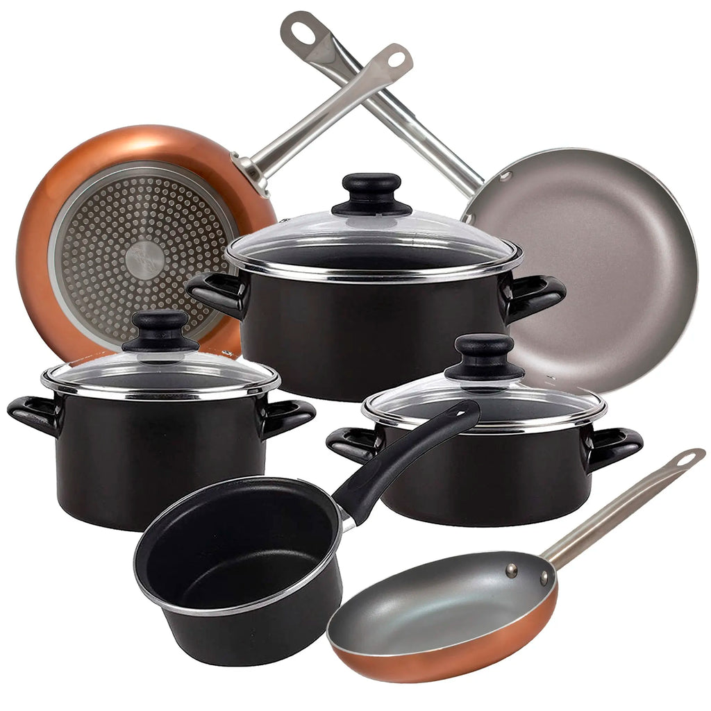 MAGEFESA Kenia 7-piece cookware set in vitreous enamelled steel with SAN IGNACIO Optimum Plus frying pans (18/22/26 cm) in