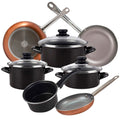 MAGEFESA Kenia 7-piece cookware set in vitreous enamelled steel with SAN IGNACIO Optimum Plus frying pans (18/22/26 cm) in