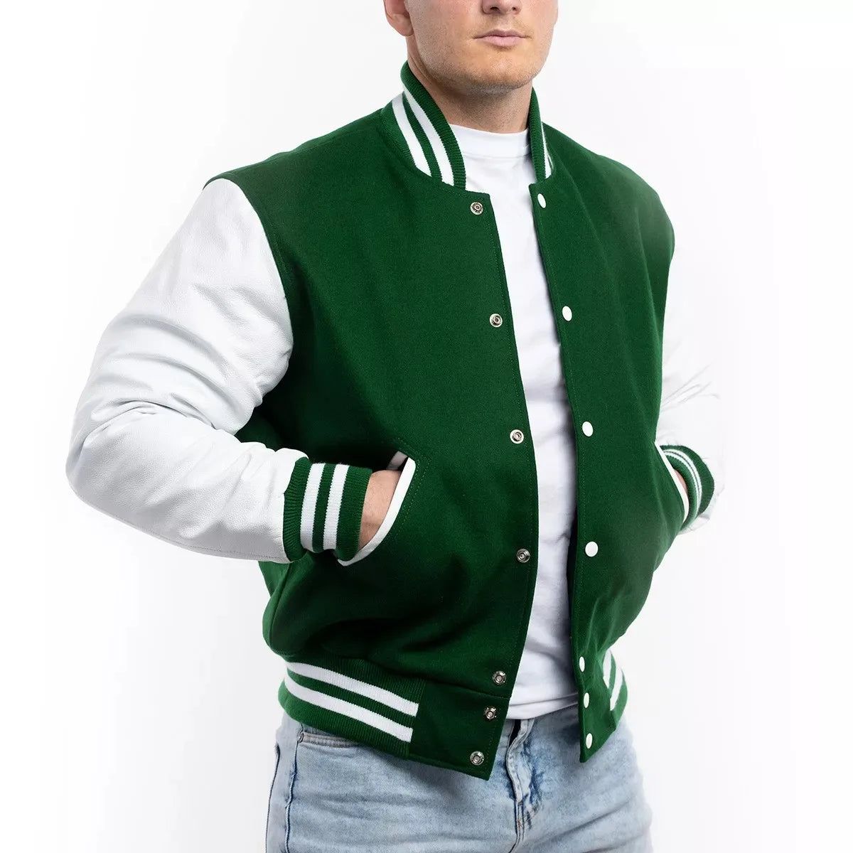 Custom Logo Green Wool College Letterman Jacket Varsity Style Baseball Bomber with White Sleeves Snap Button Front Logo Position