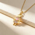 QIKU Trendy Crystal Girl & Boy Pink/Blue Shell Heart Charm Necklace Copper Cubic Zircon Gold Color Chain Pendant Accessory Gift