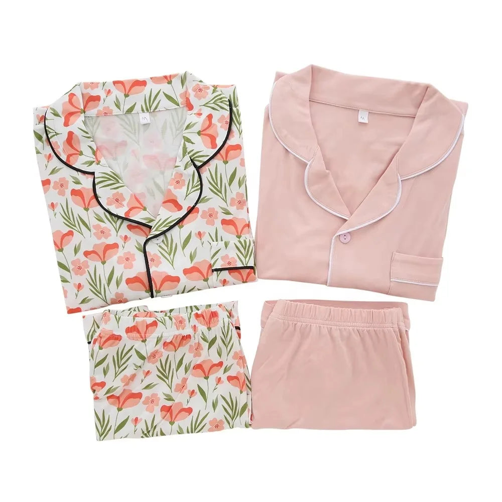Women Summer Short-Sleeve Floral Print Pajama Set with Elastic Waist Custom Turn Collar Bamboo Fabric Jersey Sleepwear