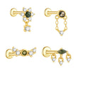 Flat Back Flower Tassel Eye Bezel Moss Agate S925 Silver Stud Piercing Earring for Women