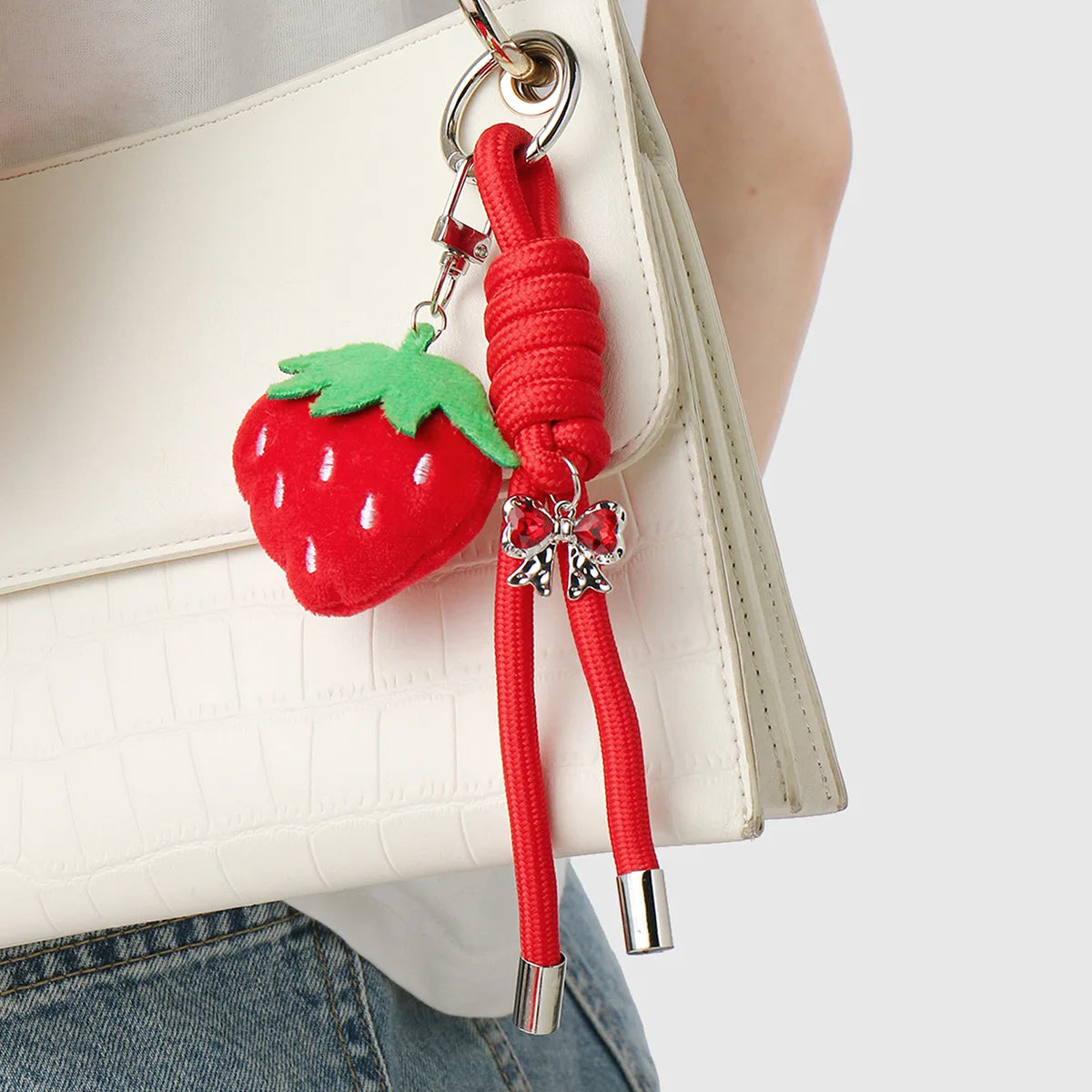 Mengda Fashionable and Sweet Red Crystal Bow and Faux Strawberry Pendant Keychain
