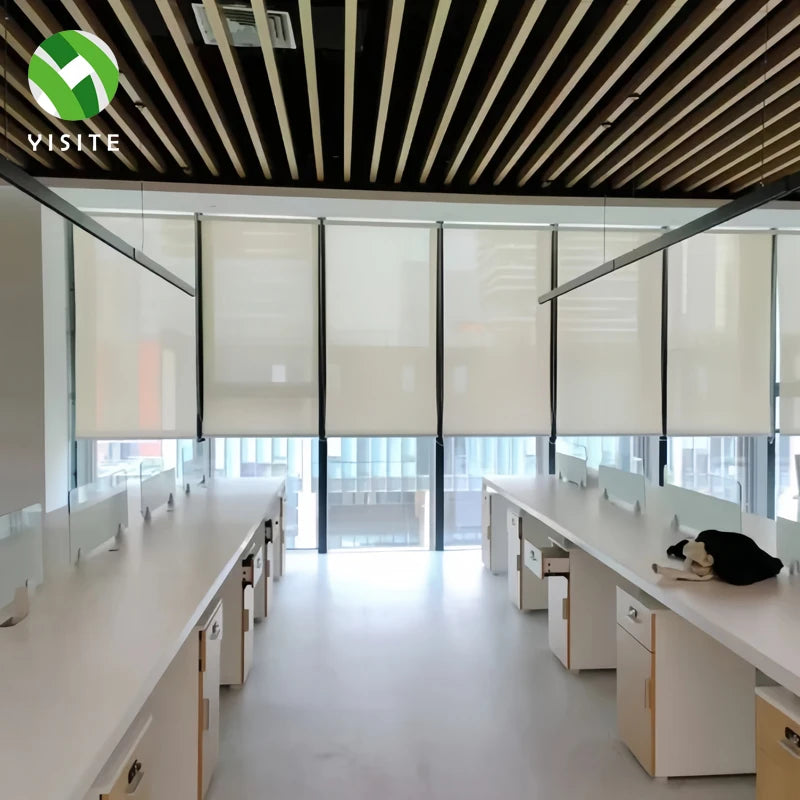 YST Modern Plain Office Automatic Electric Roller Blinds with Horizontal/Vertical Slats Easy Clean & Customizable Size