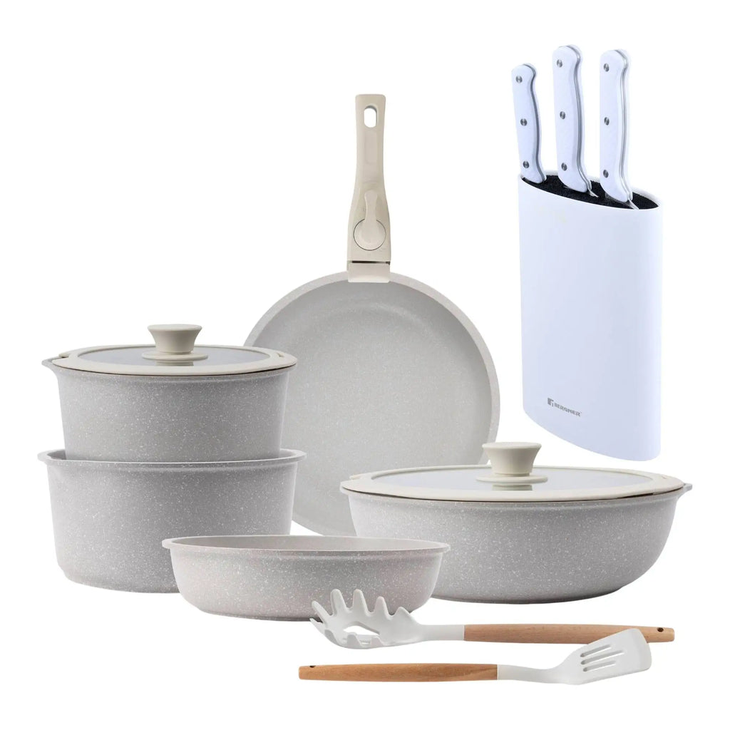 10-Piece Beige Cookware Set with Removable Handles 3 Frying Pans 2 Saucepans Lids and Utensils + Set of 3 Stainless Steel