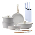 10-Piece Beige Cookware Set with Removable Handles 3 Frying Pans 2 Saucepans Lids and Utensils + Set of 3 Stainless Steel