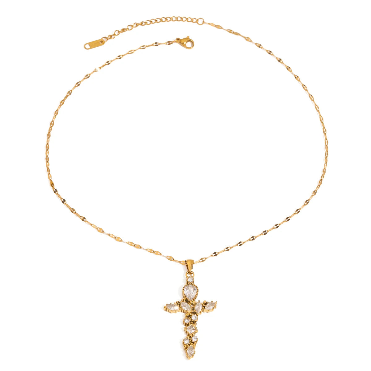 J&D Trendy 18K Gold Plated Stainless Steel Crystal Cross Necklace Zircon White Rhinestone Pendant