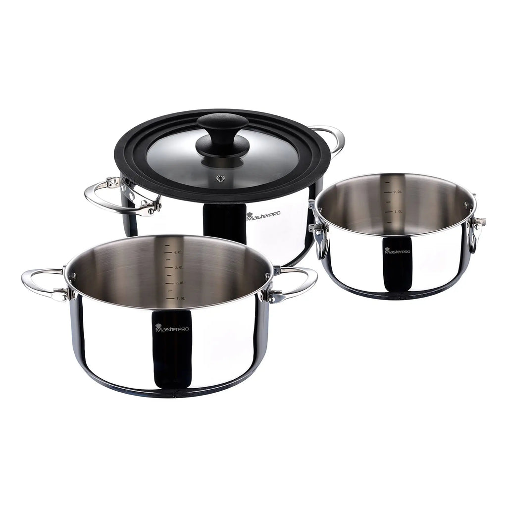 Cookware set with stainless steel saucepans (16 20 24cm) and glass lids by FOODIES MasterPRO